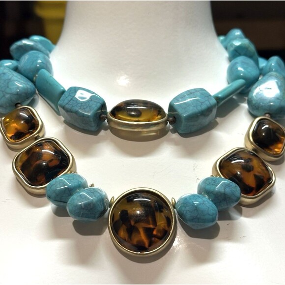chicos necklace Southwestern Boho chic Turquoise faux Tiger’s Eye Chunky Beads - Picture 2 of 16